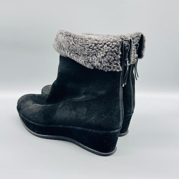 Stuart Weitzman Boots Womens 8.5 Black Suede Faux Shearling Wedge Ankle Zip - Picture 3 of 10
